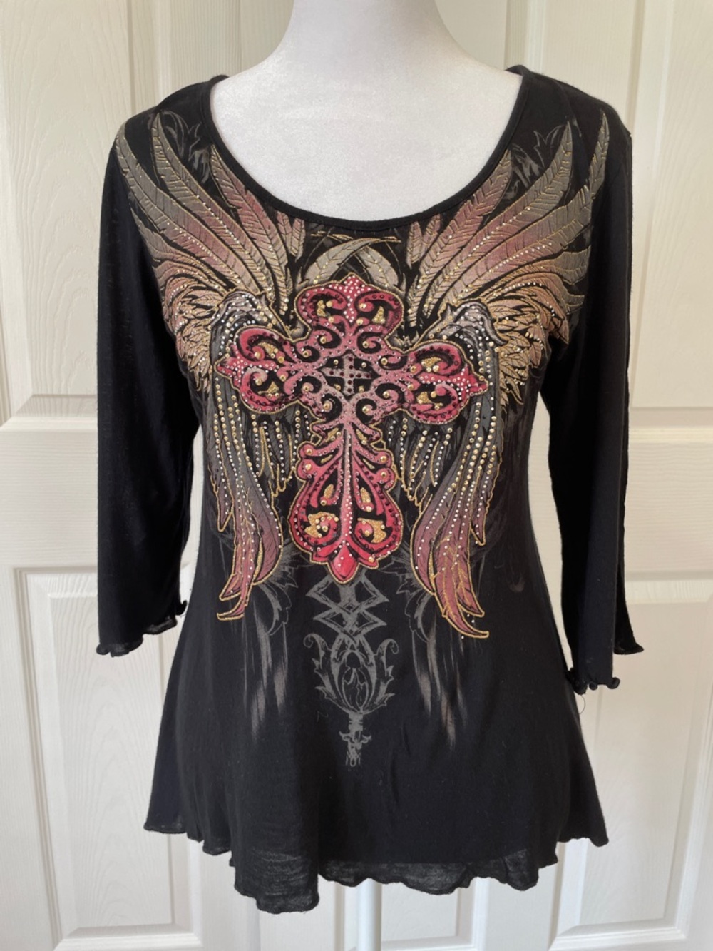 Angels & Diamonds Black  Lace-Back Tunic with Pink & Gold Winged Cross size M